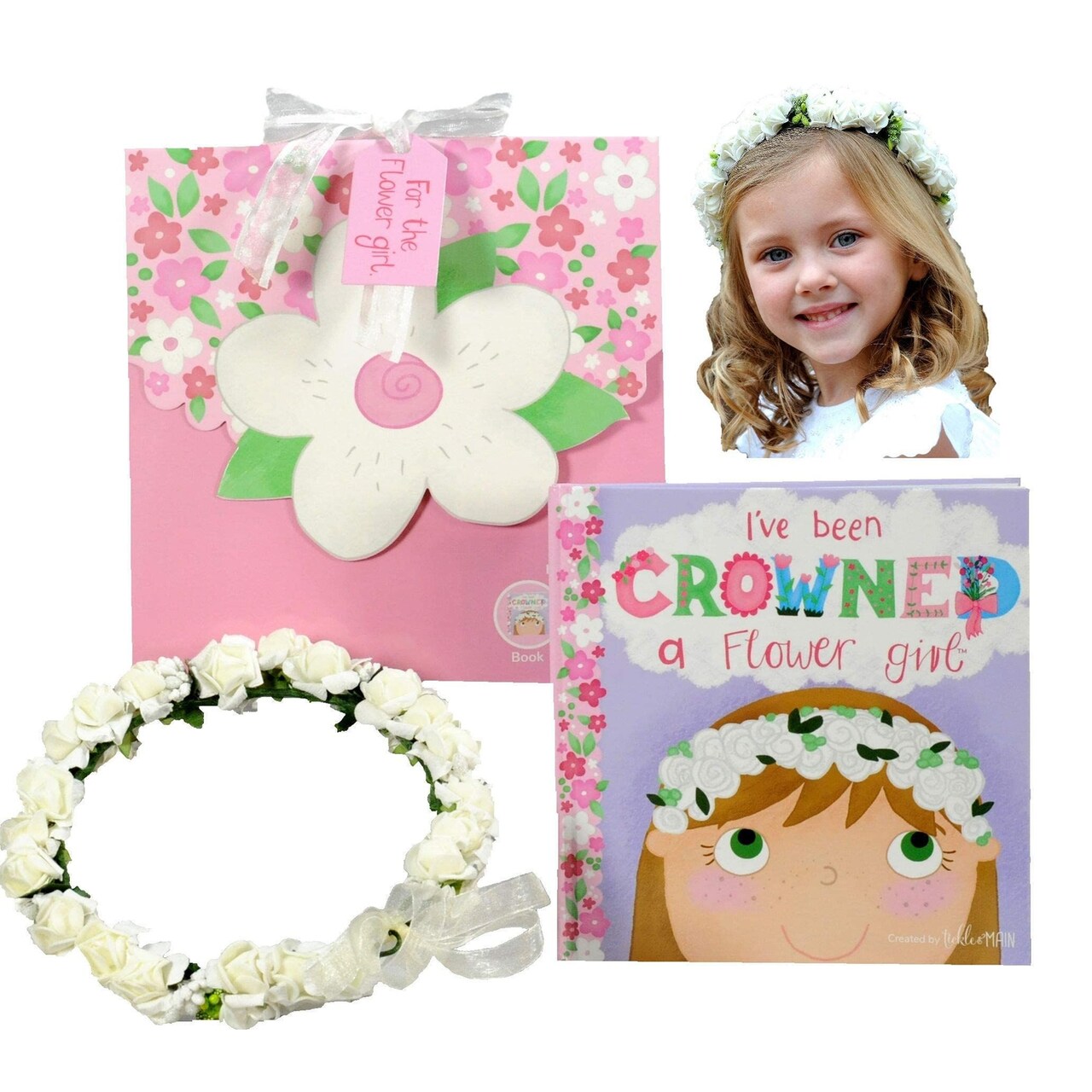 Tickle & Main Personalized Flower Girl Proposal Book & Crown Set - Silk Organza Floral Headband, Ages 1+ - Gift Box - Thank You Flower Girl Gift for Toddler
